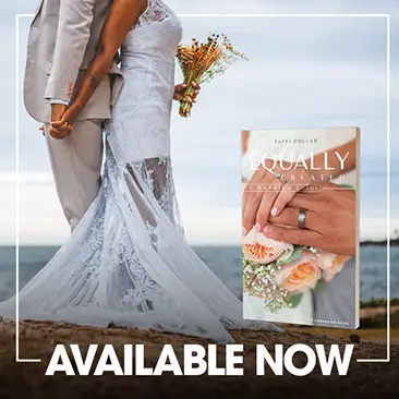 Equally created book in the foreground of bride and groom standing on the beach with the words available now